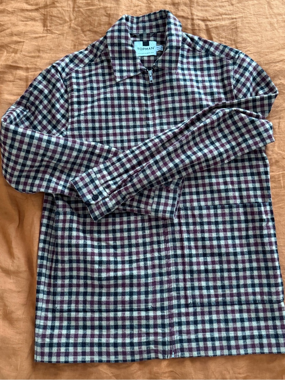 Topman Checked Shirt Jacket in Burgundy, Cream & Navy
